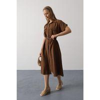 Kuşaklı Cep Detaylı Yarım Kol Elbise - Kahve