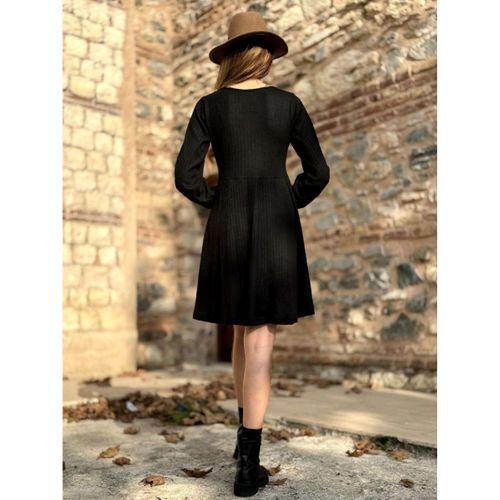 Kadın Uzun Kollu Kare Yaka Düğmeli Kısa şardonlu Iki Iplik Mini Elbise