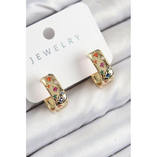 Pirinç Zirkon Taşlı Yıldız Desen Model Gold Renk Kadın Küpe