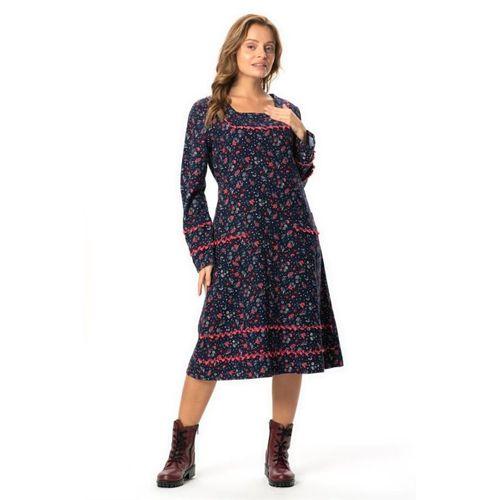 Uzun Kol Firdevs Kare Yaka Cep Detaylı Kısa Kışlık Pazen Elbise Çiçek Desen Lacivert Lcvt