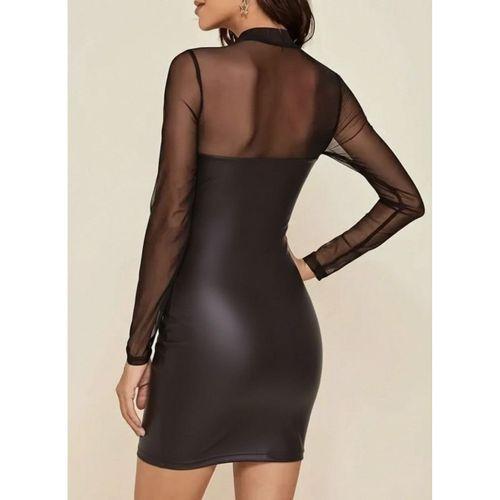 Kadın Uzun Kollu Balıkçı Yaka Tül Detaylı Mini Deri Elbise