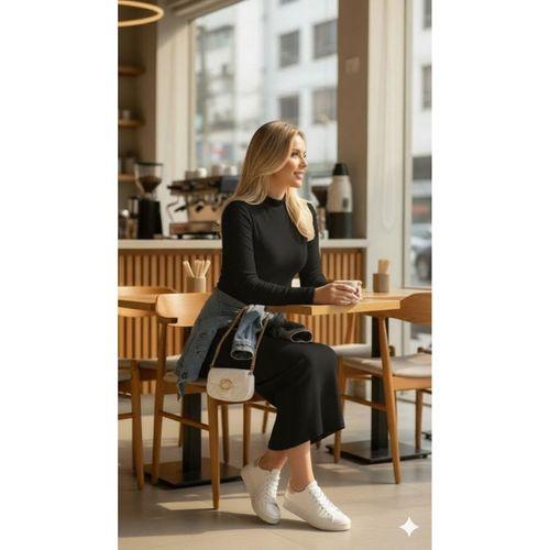 Kadın Uzun Kollu Balıkçı Yakalı Yanlardan Yırtmaçlı Kaşkorse Maxi Elbise