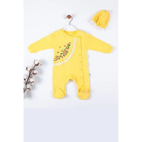 Çiçek Nakışlı Şapkalı % 100 Pamuk Kız Bebek Tulumu