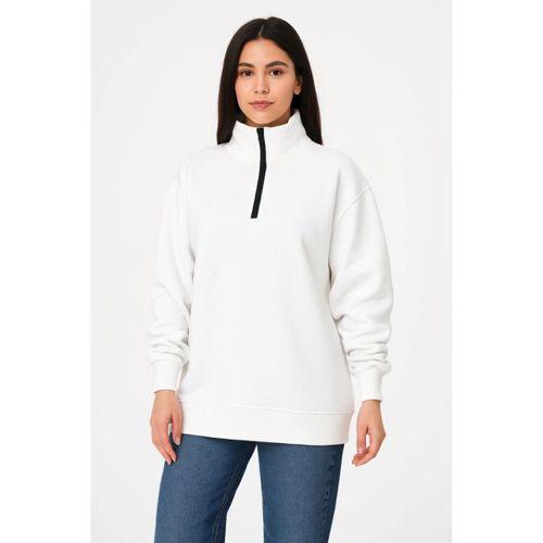 Üç İplik Dık Yaka Yarım Fermuarlı SweatShirt - Beyaz