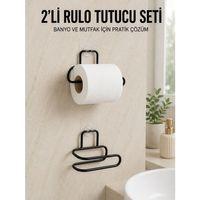 2’li Yapışkanlı Tuvalet Kağıdı Tutucu Siyah Metal Duvar Tipi Rulo Kağıtlık