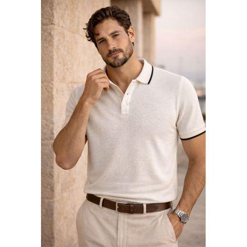 Balzac Yakası Şeritli Düğmeli Polo Yaka Basic Günlük Petek Örgü Triko Erkek T-Shirt - Ekru