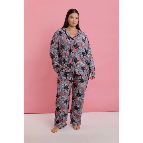 Kadın Büyük Beden Somon Yaprak Desenli Düğmeli Pijama Takımı