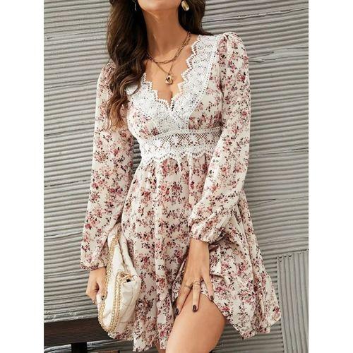 Kadın Uzun Kollu Dantel V Yakalı Mini Desenli Süprem Elbise