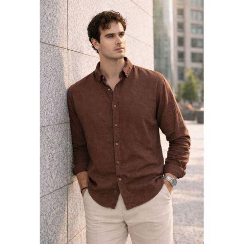 Pera Kumaş Keten Görünümlü Yarım Oversize Uzun kollu Erkek Gömlek - Kahve