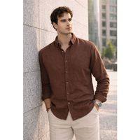 Pera Kumaş Keten Görünümlü Yarım Oversize Uzun kollu Erkek Gömlek - Kahve