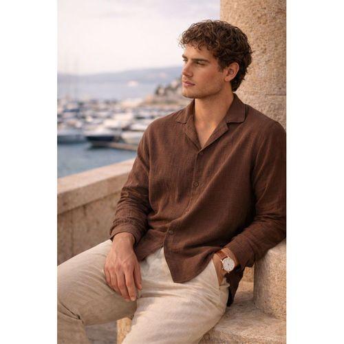 Apaş Yaka Oversize Müslin Kumaş Gömlek - Kahve