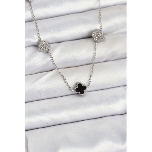 316L Çelik Zincir Gümüş Renk Siyah ve Zirkon Taşlı Baby Boy Yonca Kadın Kolye