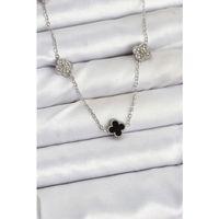 316L Çelik Zincir Gümüş Renk Siyah ve Zirkon Taşlı Baby Boy Yonca Kadın Kolye