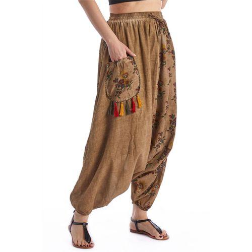 Haki Beli Lastikli Otantik Yazlık Kadın Püsküllü Poplin Şalvar