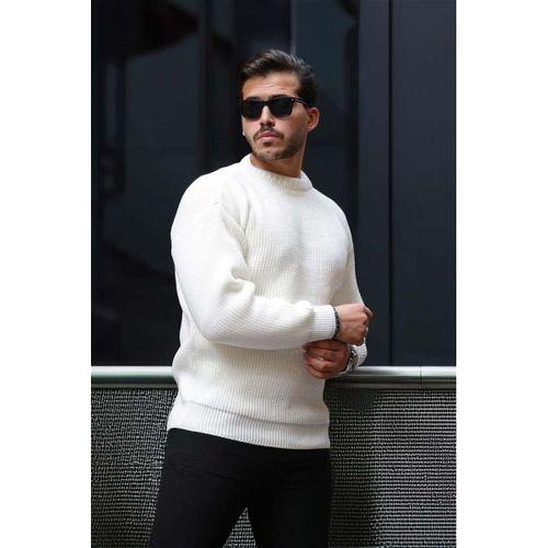 Oversize Selanik Örgülü Bisiklet Yaka Erkek Triko Kazak - Ekru