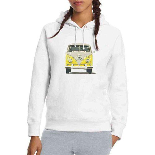 Sarı Volkswagen Van T1 Minubus Barış Baskılı Beyaz Kadın Kapşonlu Sweatshirt