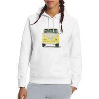 Sarı Volkswagen Van T1 Minubus Barış Baskılı Beyaz Kadın Kapşonlu Sweatshirt
