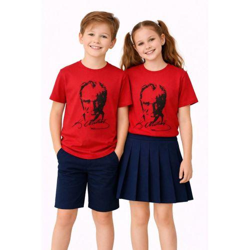 Atatürk Baskılı Kırmız Siyah Baskılı Çocuk Tişört BGL-ST05508
