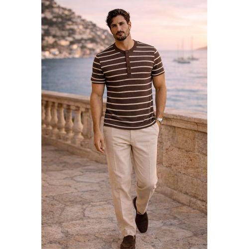 Kristof Pike Kumaş Regular Fit Düğmeli Yaka Kendinden Çizgili T-Shirt - Kahve