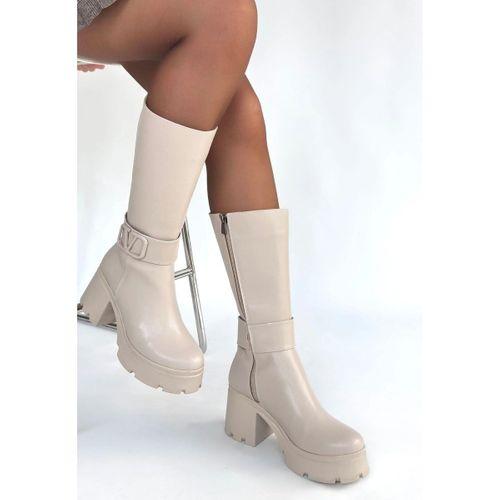 Moki Bej Cilt Topuklu Çizme