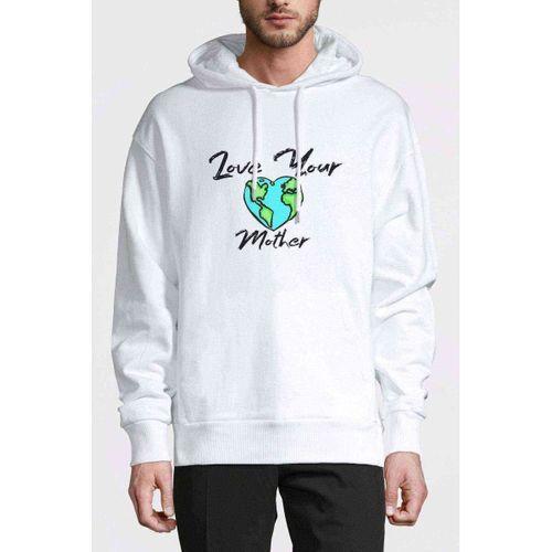 Mother Earth Love Your Mother Baskılı Beyaz Erkek Kapşonlu Sweatshirt