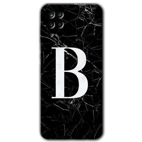 Samsung Galaxy M12 Kılıf Baskılı Kapak - Siyah Mermer Desenli B Harfi +Tam Kaplayan Mat Seramik