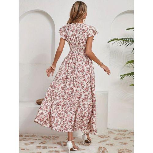 Kadın Kısa Kollu Kruvaze Yaka Beli Lastikli çiçek Desenli Elbise