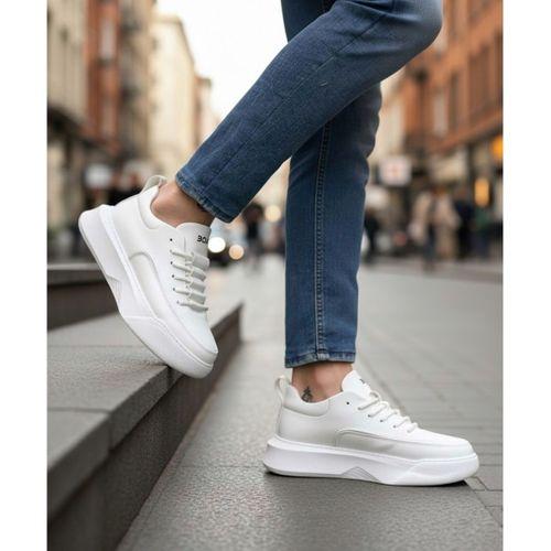 BA0332 Merdiven Desen Bağcıklı Erkek Yüksek Taban Beyaz Cilt Spor Ayakkabı