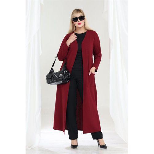 Melsay Butik Büyük Beden Bordo Dokulu Örme Kumaş Uzun Kadın Hırka