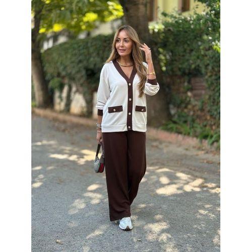 Kadın Uzun Kollu Ribanali Cep Detay Hırka Ve Bol Paça Pantolon Ikili Takım