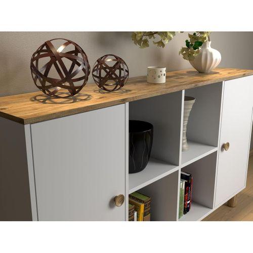 Nora Bohem Ledli Konsol - Çok Amaçlı Dolap 2 Kapak 4 Raflı - Atlantik Çam / Beyaz