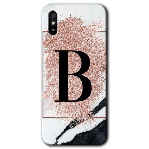 MRCİLETİSİM Xiaomi Redmi 9A Kılıf Kapak - Pembe Mermer Desenli B Harfi +Hayalet Ekran Yandan Gözükmez