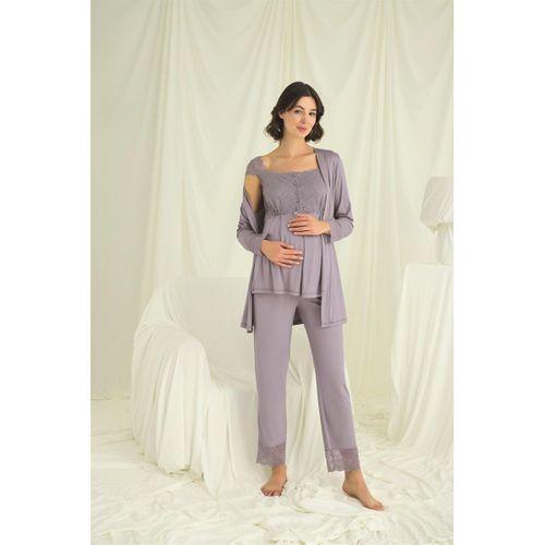 Dantelli Önü Düğmeli Hamile Lohusa 3'lü Pijama Takımı