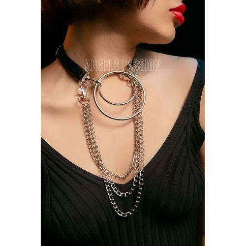 Harness Kolye, Şık Lastik Choker Harness, Halka Detaylı Tasma