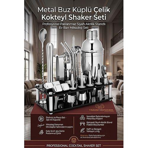 750 ml Kokteyl Shaker Seti 24 Parça Siyah Akrilik Standlı Profesyonel Paslanmaz Çelik Metal Buz Küplü Ev Barı Miksoloji Seti 723389