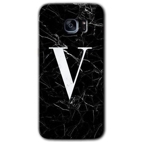 Galaxy S7 Edge Kılıf HD Desen Baskılı Arka Kapak - Siyah Mermer Desenli V Harfi