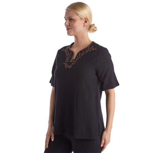 Şile Bezi Kısa Kol Siyah Nakışlı V Yaka Yazlık Otantik Bluz