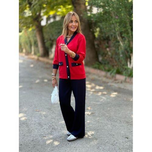 Kadın Uzun Kollu Ribanali Cep Detay Hırka Ve Bol Paça Pantolon Ikili Takım