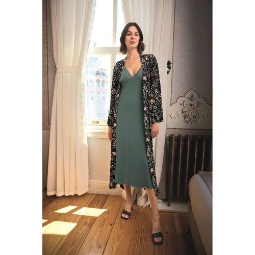 Çiçek Ve Yaprak Desenli Dantelli Ve Dekolteli Sabahlık Takımı