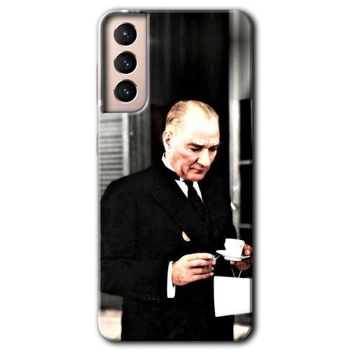 MRCİLETİSİM Samsung Galaxy S21 Plus Kılıf HD Desen Baskılı Arka Kapak + Temperli Cam - Atatürk Türk Kahvesi
