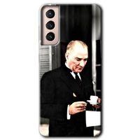 MRCİLETİSİM Samsung Galaxy S21 Plus Kılıf HD Desen Baskılı Arka Kapak + Temperli Cam - Atatürk Türk Kahvesi