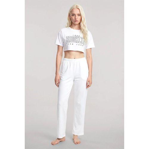 Kadın Beyaz Baskılı Crop T-shirt Pantolon Takım %100 Pamuk Rahat 2’li Set