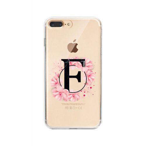 iPhone 8 Plus Pembe Çiçek Desen F Harfli Şeffaf Kılıf