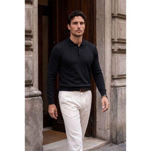 Portofino Premium Düğmeli Polo Yaka İnce Erkek Triko Kazak - Siyah