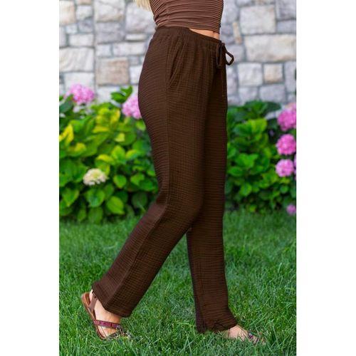 Beli Lastikli Multi Çift Cepli Müslin Kadın/Erkek Unisex Yazlık Pantolon Kahve Khv