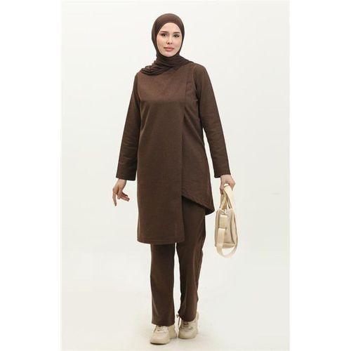 Kruvaze Bisiklet Yaka Sade Basic Tunik Panolon İkili Takım - 03076.028 - Kahverengi