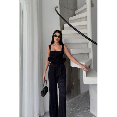 JAKARLI BLUZU TASARIM DETAYLI CEKET-PANTOLON-BLUZ 3 LÜ TAKIM - Siyah