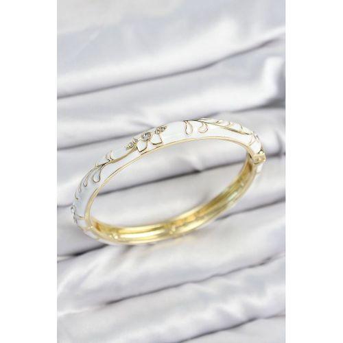 Mineli Pirinç Zirkon Taşlı Beyaz Çiçek Motifli Gold Kadın Kelepçe