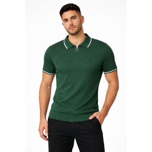 Erkek Fermuarlı Yaka Fitilli Triko Kısa Kollu Regular Fit Tişört T-shirt - Yeşil