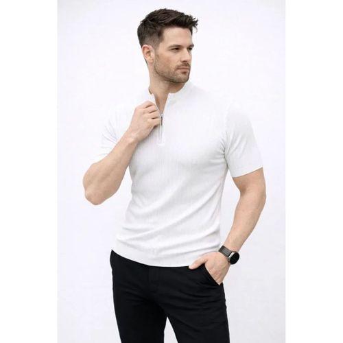 Erkek Kısa Kol Fitilli Triko T-Shirt Yazlık Hakim Yaka Tişört - Beyaz